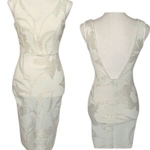 Windsor Cream Silver Gold Jacquard Dress Deep Plunge Backless Boned Bodice Sz S